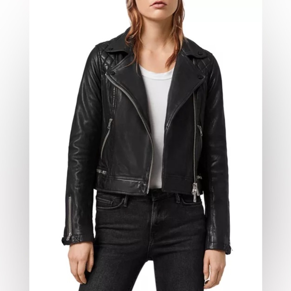 ALLSAINTS Conroy Quilted Leather Biker Black Moto Motorcycle Jacket EUC Size 6